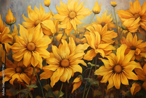 Artistic painting of vibrant yellow flowers. Generative AI