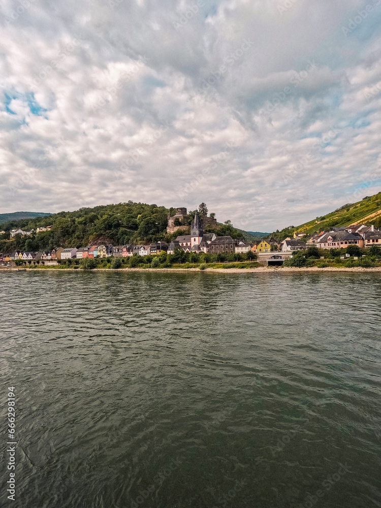 Scenic Views of the Quaint German Village of Niederheimbach as Viewed from the Rhine River. Colorful European style architecture.