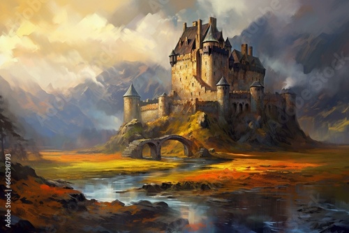 Experience ethereal Scottish castles and ruins amidst surreal scenery of misty mountain landscapes. Enter enchanted lands painted in vibrant fantasy colors. Generative AI