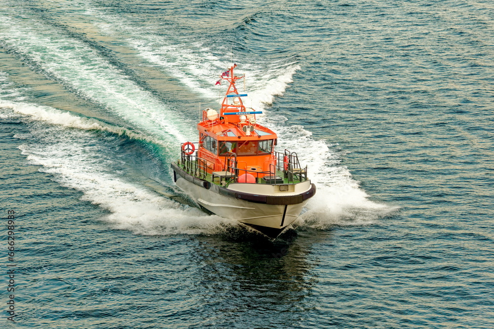 Orange Pilot Boat off Coast of Norway Orange Pilot Boat off Coast of Norway
