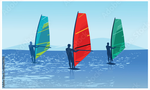 Colorful vector editable windsurfing activity for any graphic background 