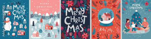 Christmas card set - hand drawn cute flyers. Postcards with lettering and Christmas graphic elements. Xmas prints.