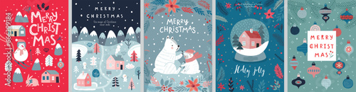 Christmas card set - hand drawn cute flyers. Postcards with lettering and Christmas graphic elements. Xmas prints.
