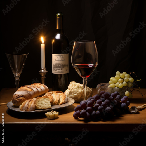 A table topped with a plate of food and a glass of wine