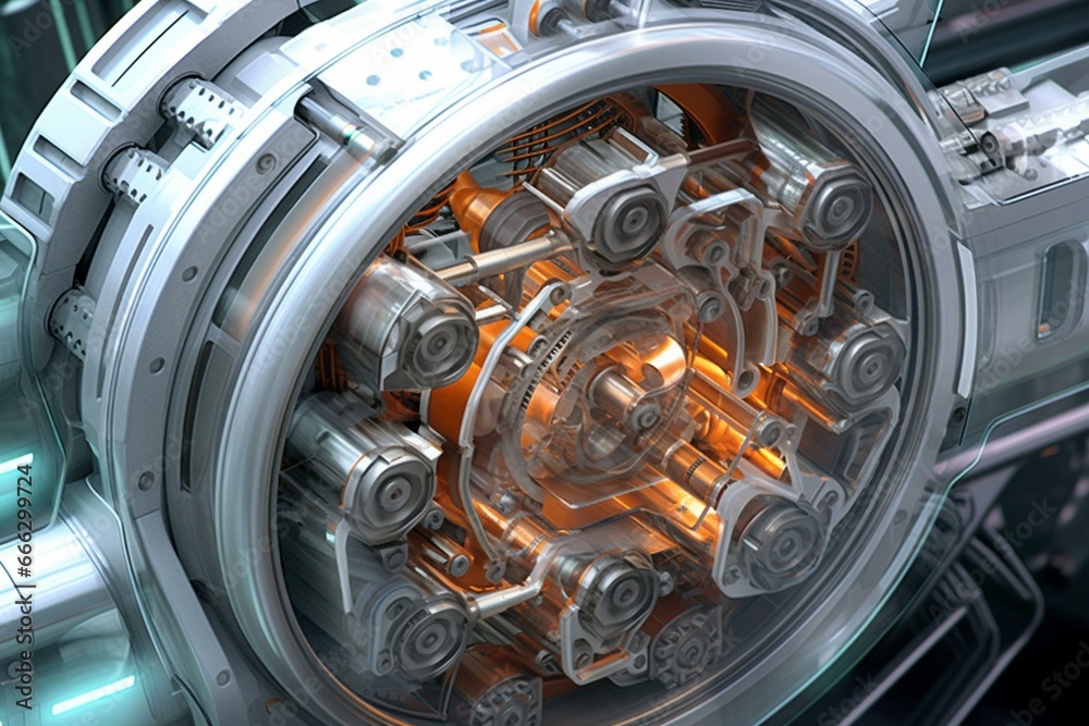 Futuristic engine dissection showing turbine gear and rechargeable ...