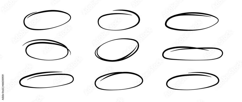 Smooth highlight circles set. Doodle and scribble ellipses collection. Black hand drawn ovals or bubbles for emphasis. Sketchy round elements for collage, poster, banner, cover. Vector pack Smooth highlight circles set. Doodle and scribble ellipses collection. Black hand drawn ovals or bubbles for emphasis. Sketchy round elements for collage, poster, banner, cover. Vector pack