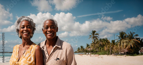 Beleza do Amor na Maturidade: Casal de Idosos Negros na Praia photo