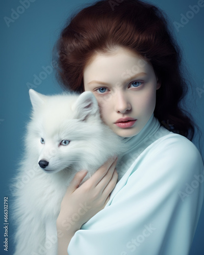 Abstract winter portrait of a beautiful young woman holding a white arctic fox. 