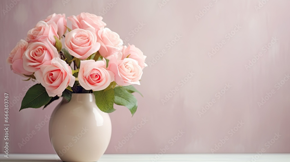 Obraz premium Artificial rose flowers bouquet in vase on a table
