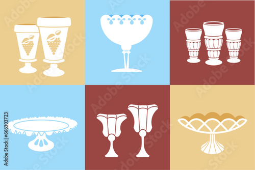 Vintage illustration of white, flat line stemware and pedestal bowls in different shapes, on 4 color squares with retro color palette of blue, yellow and red.