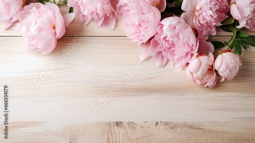 Beautiful peony roses on light wooden background © Adriana