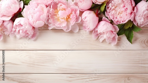 Beautiful peony roses on light wooden background