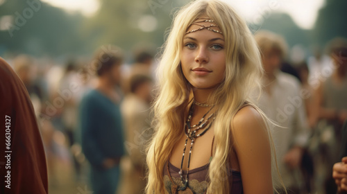 young beautiful hippie woman with long curls and hair band smiling, beads, girl portrait, fashion, style, sunlight, world peace, joyful emotions, facial expression, happiness, music festival