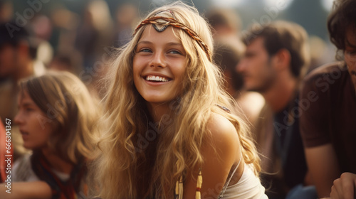 young beautiful hippie woman with long curls and hair band smiling, beads, girl portrait, fashion, style, sunlight, world peace, joyful emotions, facial expression, happiness, music festival