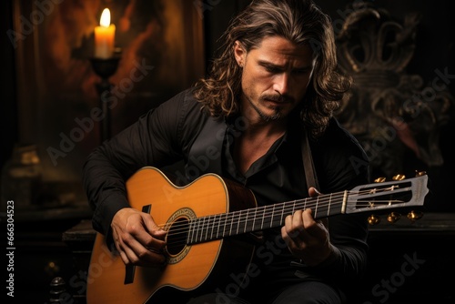 Brown-haired man playing classical guitar.