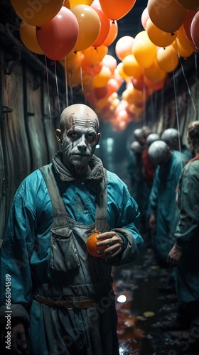 A clown walking next to a scene of zombies UHD wallpaper Stock Photographic Image