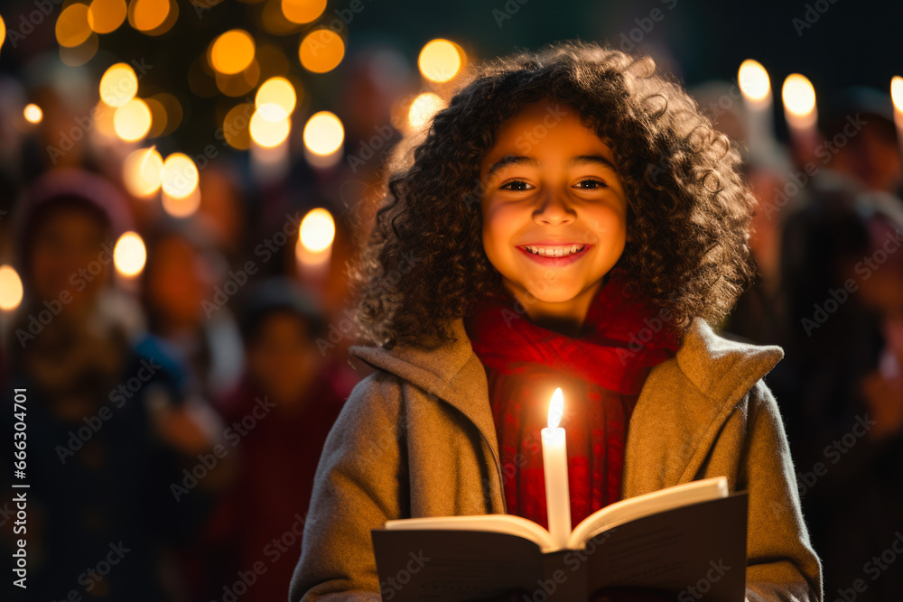 Hispanic girl holding a christmas carol book at Christmas carol, with a crowd holding candles in the background and christmas lights