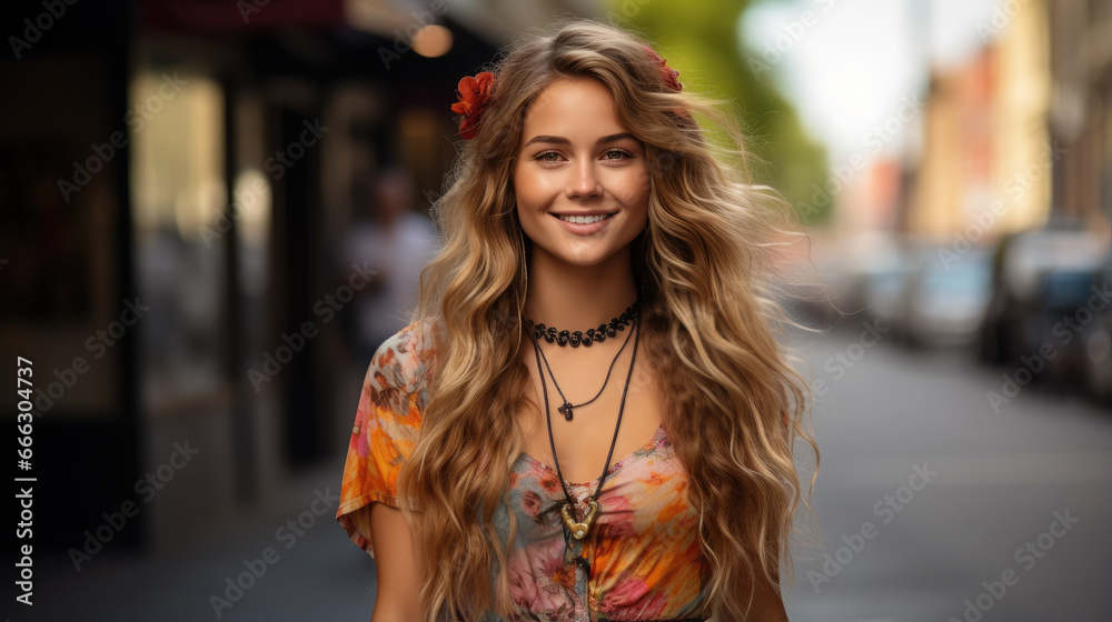 young beautiful hippie woman with long curls and hair band smiling, beads, girl portrait, fashion, style, sunlight, world peace, joyful emotions, facial expression, happiness, city street