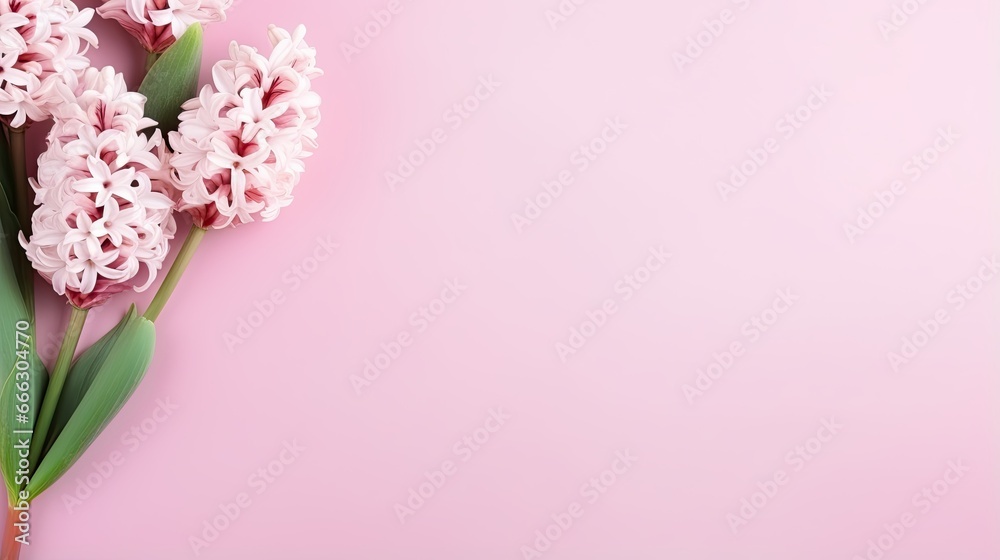 Blank sheet of paper and hyacinth flower on pink background