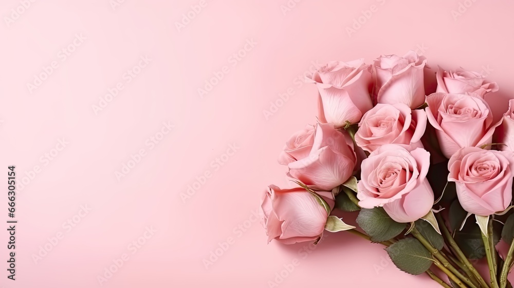 A bouquet of fresh bright roses on a pastel pink background