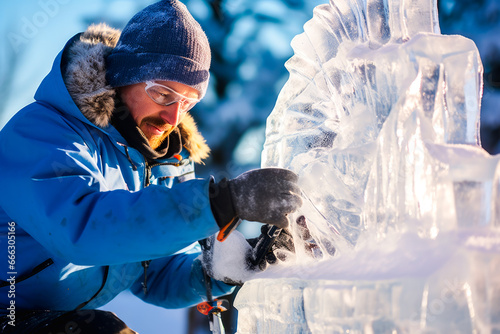 An ice sculptor carving an ice sculpture photo