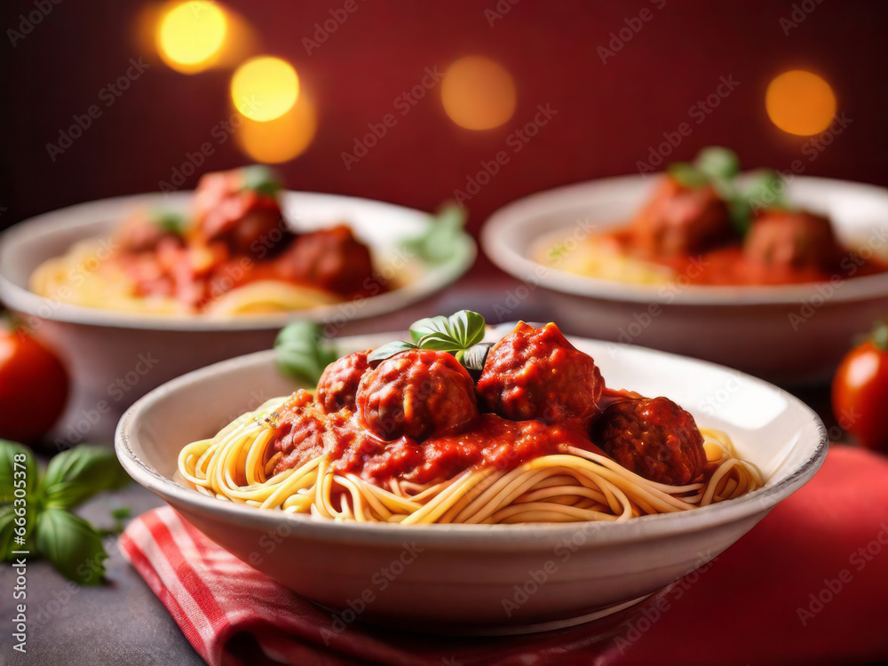 Bowls of steaming Italian spaghetti with meatballs in a red sauce on the table, traditional family meal, generative ai Bowls of steaming Italian spaghetti with meatballs in a red sauce on the table, traditional family meal, generative ai