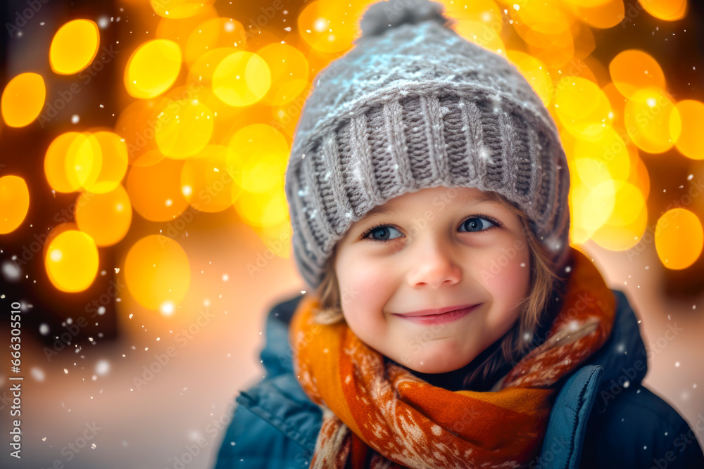 Little boy with Christmas lights enjoying the holidays outdoors in snowfall. Happy child boy admiring Christmas festive magic lights