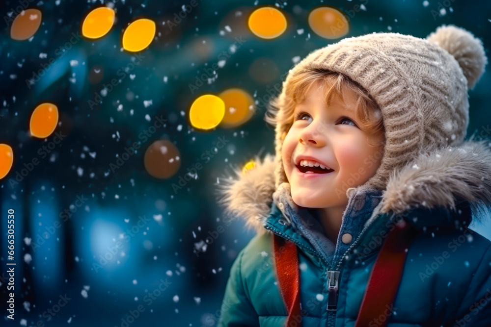 Little boy with Christmas lights enjoying the holidays outdoors in snowfall. Happy child boy admiring Christmas festive magic lights Little boy with Christmas lights enjoying the holidays outdoors in snowfall. Happy child boy admiring Christmas festive magic lights