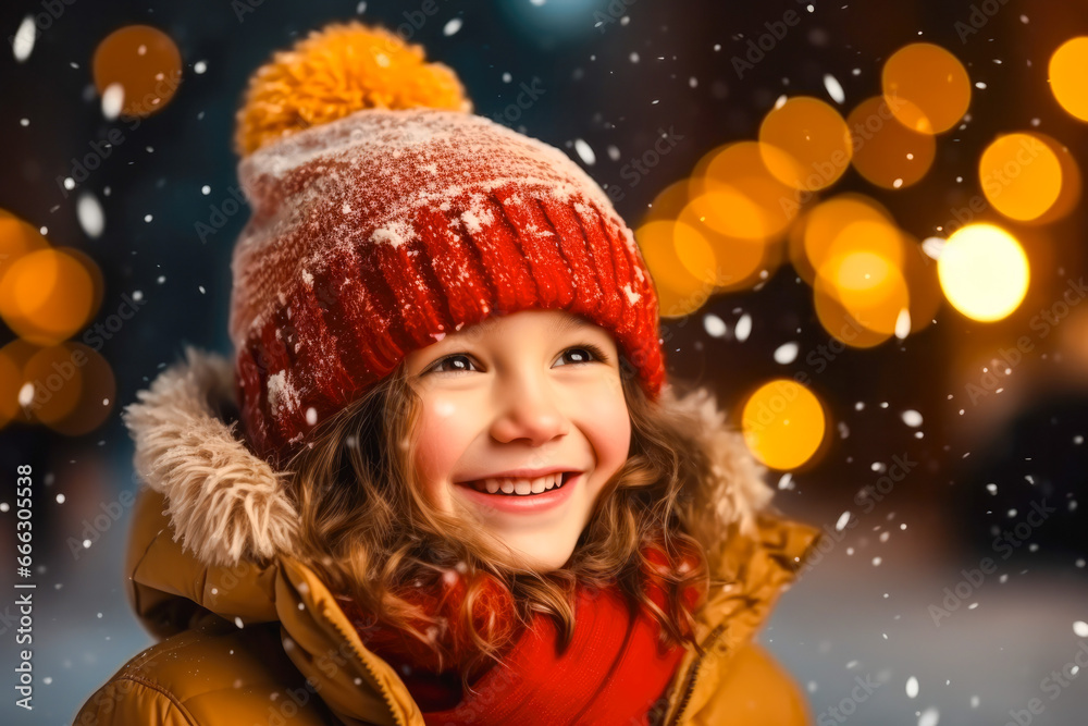 Little girl with Christmas lights enjoying the holidays outdoors in snowfall. Happy child girl admiring Christmas festive magic lights