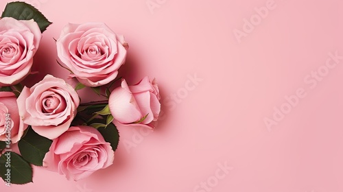 A bouquet of pink roses on a pink background copy space