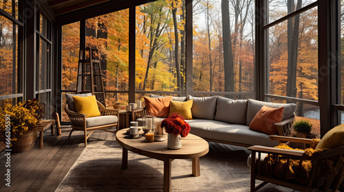 Screened porch with modern furniture, vase of flowers, autumn leaves and woods in the background, creating a cozy atmosphere. photo