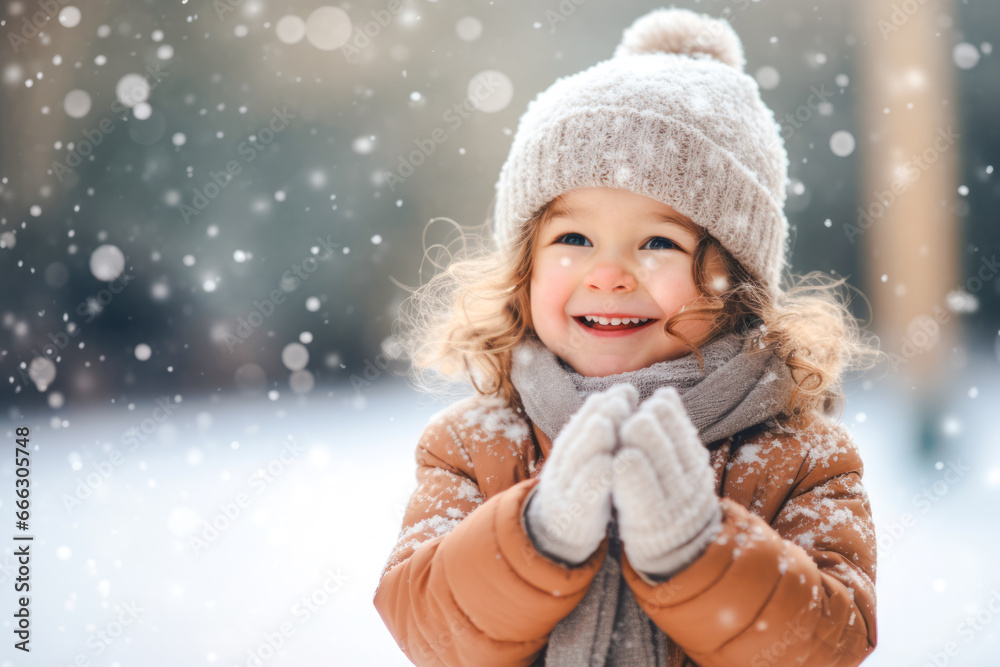 Young caucasian girl laughing and standing outside in the snow catching snowflakes in hands, wearing gloves. Winter snowing cold happy holidays with white Christmas Young caucasian girl laughing and standing outside in the snow catching snowflakes in hands, wearing gloves. Winter snowing cold happy holidays with white Christmas