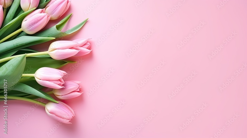Fototapeta premium A bouquet of pink tulips on a colored table background