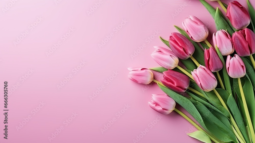 A bouquet of pink tulips on a colored table background