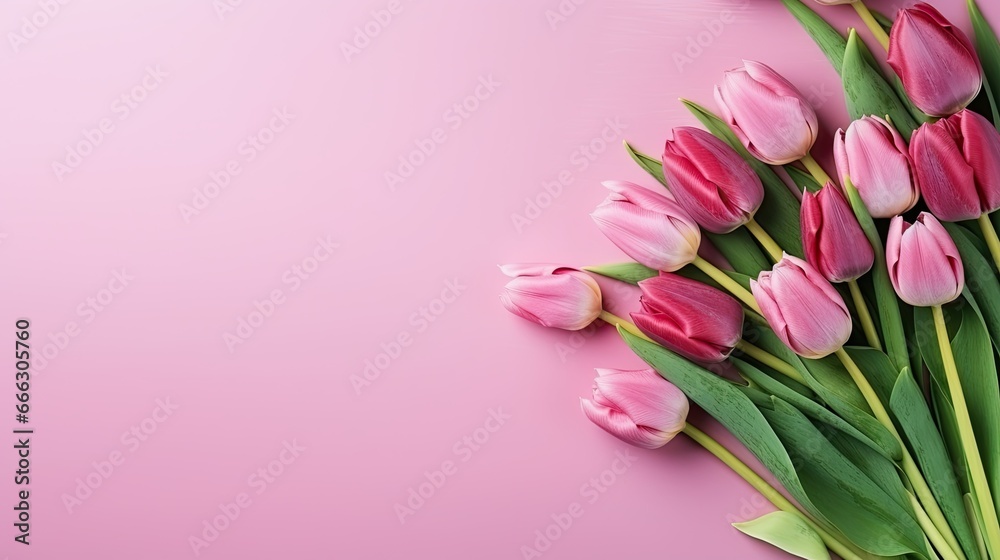A bouquet of pink tulips on a colored table background A bouquet of pink tulips on a colored table background