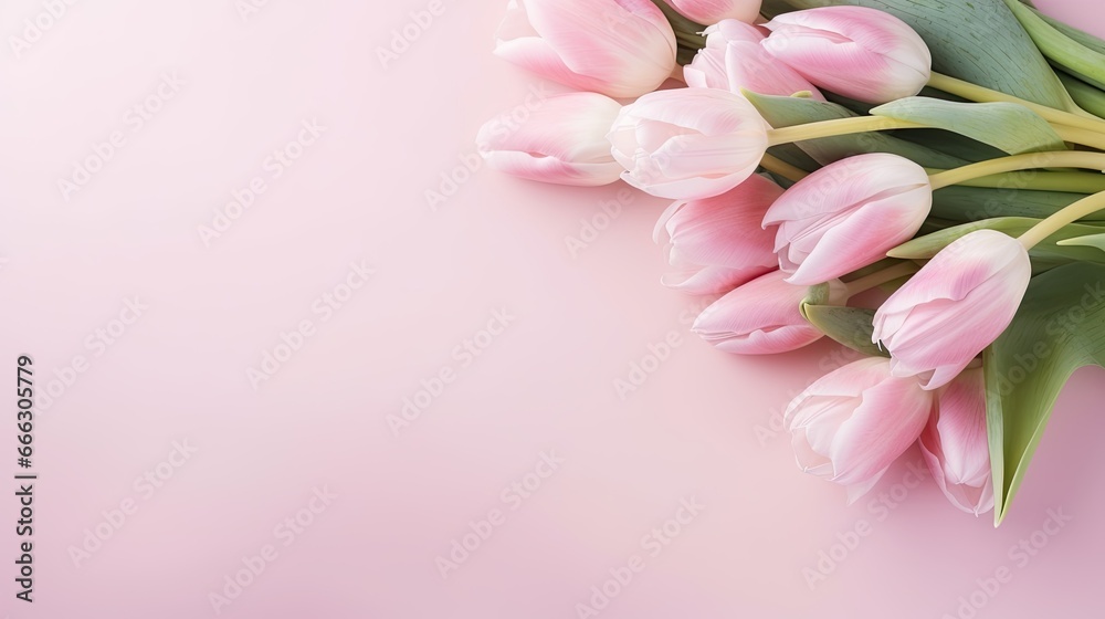 A bouquet of pink tulips on a colored table background