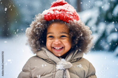 Young African American toddler laughing and standing outside in the snow catching snowflakes in hands, wearing gloves. Winter snowing cold happy holidays with white Christmas