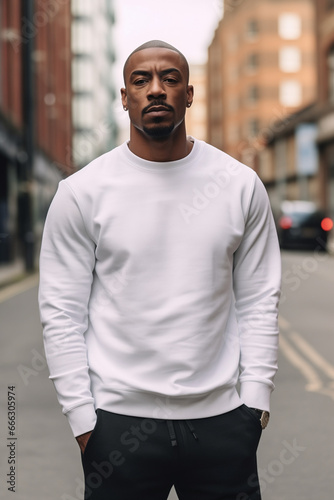 A handsome man standing outdoors in a city, modelling a plain white sweatshirt ready for a design. Generative AI. 