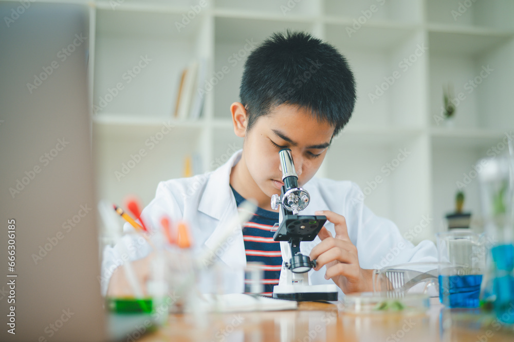 Asian male science students looking through a microscope and tests of plants in the classroom. Learning about scientific experiments on plant species. Asian male science students looking through a microscope and tests of plants in the classroom. Learning about scientific experiments on plant species.