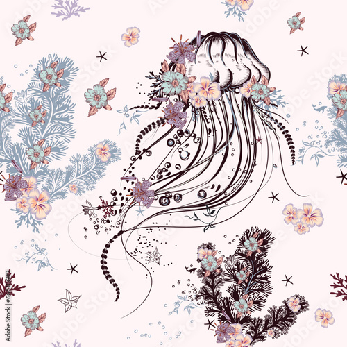 Fashion vector pattern with marine jellyfish and flowers
