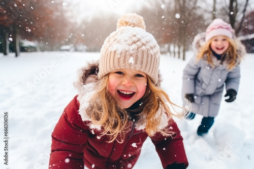 Two caucasian girls - children playing in the snow, snowballs and snow fight, winter