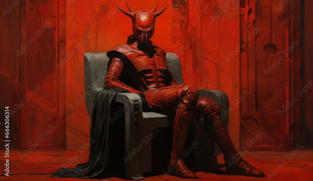 A dark red knight sitting on top of a chair in back lit red paint. The devilish costumed face in a chair inside a red room.