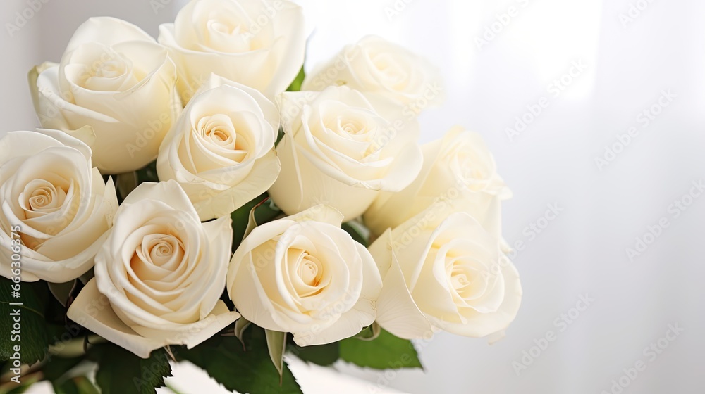 Bouquet of white roses close up on a light background
