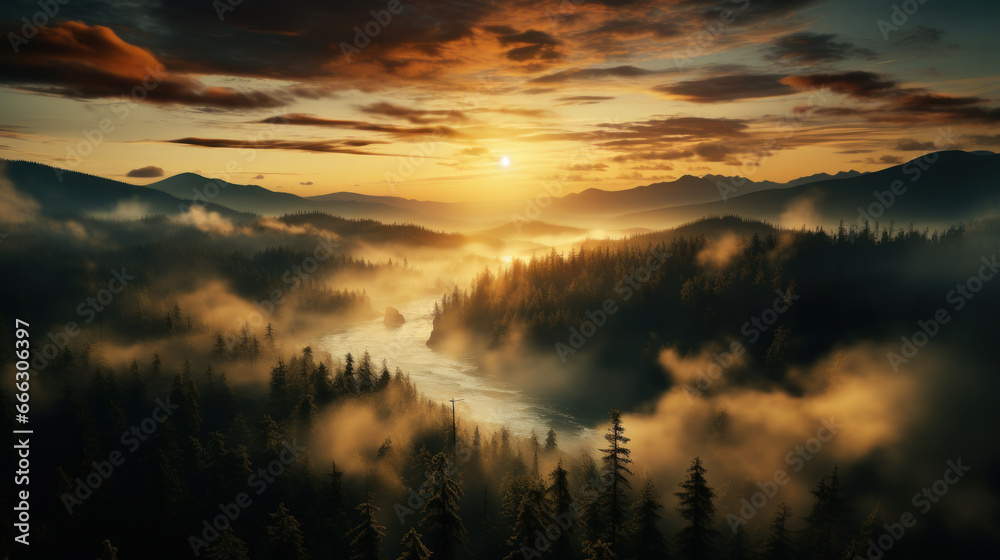 Dawn's Embrace: Aerial Sunrise in the Forest. Generative AI Dawn's Embrace: Aerial Sunrise in the Forest. Generative AI