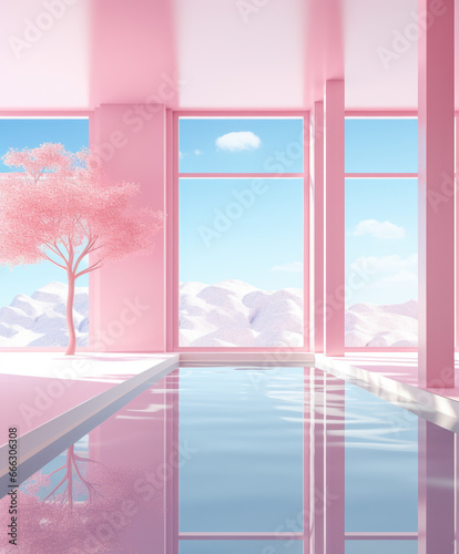 A room filled with light pink walls  a bathtub and trees.