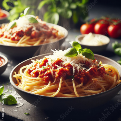 Bowls of steaming Italian spaghetti with bolognese tomato sauce and parmesan traditional family meal  generative ai