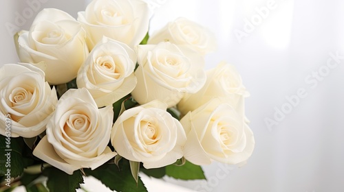 Bouquet of white roses close up on a light background