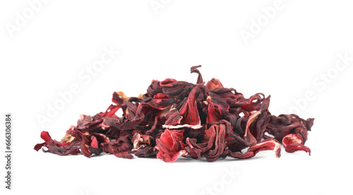 Pile of dry hibiscus tea isolated on white