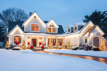 A house exterior with Christmas decorations in the snow, at night