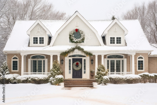 A house exterior with Christmas decorations in the snow, at daytime © MVProductions